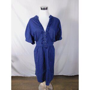 Sam & Max Dress Womens 2X Blue Polka Dot V Neck Ruffle Puff Sleeve Belted Midi